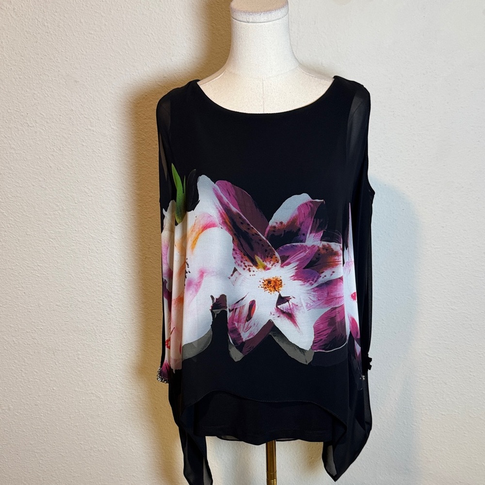 NWT Frank Lyman Black Floral Cold Shoulder Layered Blouse size 6
